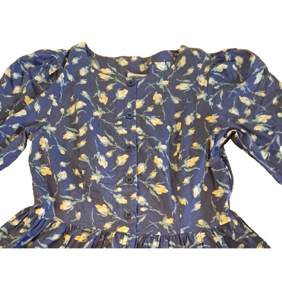 Vintage Laura Ashley Dress Blue Floral Puff Sleeve Made in Britain Cotton 90s 10 - Picture 6 of 9
